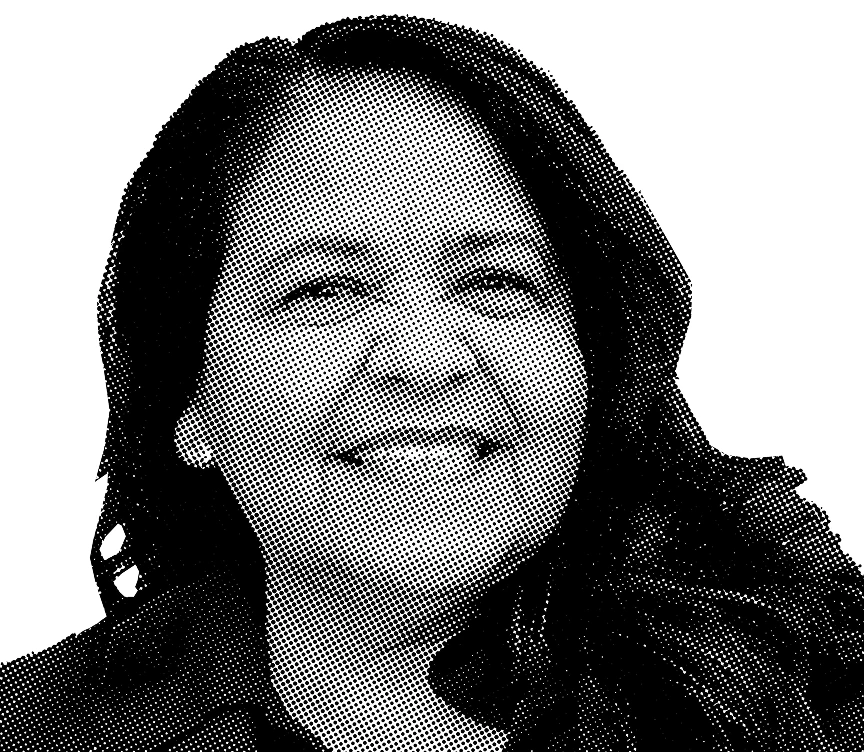Black and white portrait of Irene Estrada smiling with long curly hair.
